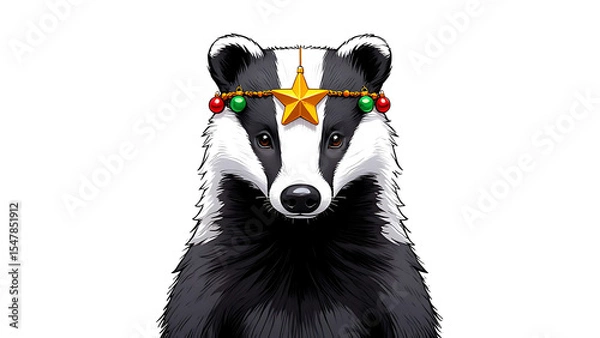 Obraz Festive Badger with Christmas Decorations: A Whimsical Holiday Illustration