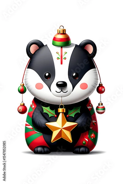 Obraz Festive Badger with Christmas Decorations: A Whimsical Holiday Illustration