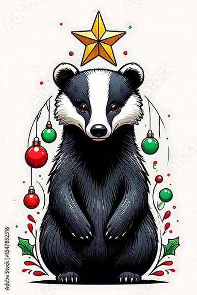 Obraz Festive Badger with Christmas Decorations: A Whimsical Holiday Illustration