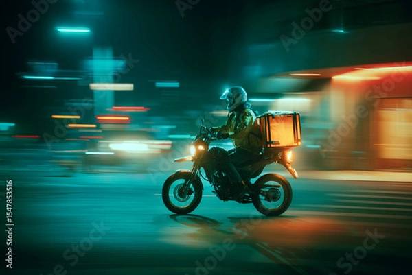 Fototapeta Motorbike delivery rider at night with food box glowing from LED