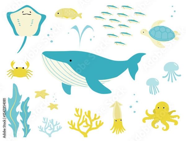 Fototapeta 夏の海の生き物シンプルかわいいイラストセット2