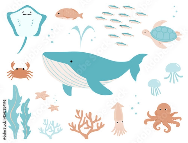Fototapeta 夏の海の生き物シンプルかわいいイラストセット