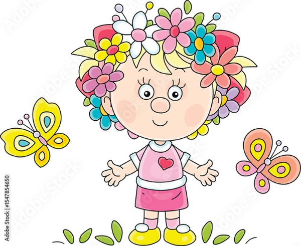 Obraz Happy little girl with a flower wreath on her head and funny butterflies fluttering around, vector cartoon illustration on a white background