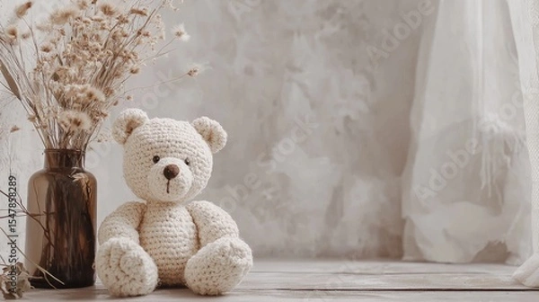Fototapeta create a greetings card mock up, a small crotched light beige bear, in the left bottom corner, using the image attached, muted neutral tones