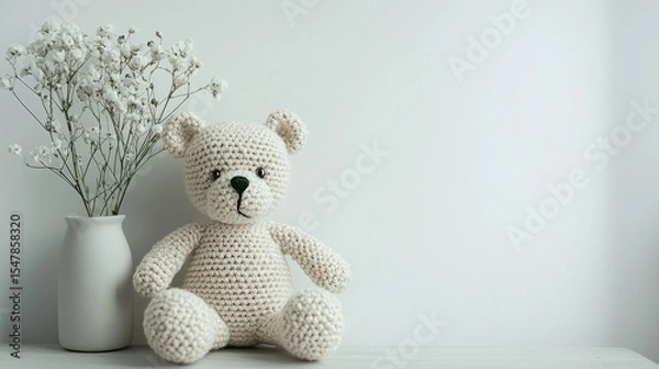 Fototapeta create a greetings card mock up, a small crotched light beige bear, in the left bottom corner, using the image attached, muted neutral tones