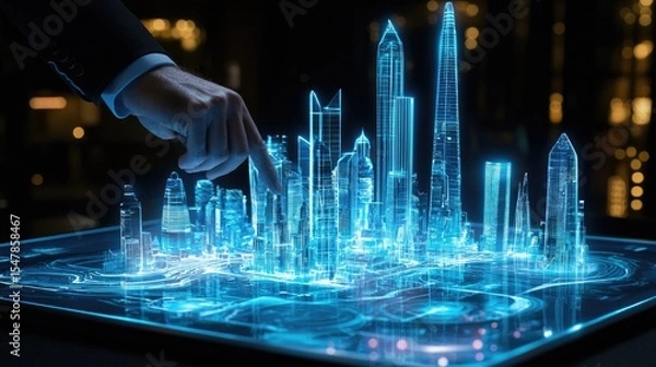 Fototapeta executive planning business expansion using a 3D holographic model of a smart city, futuristic innovation-driven environment