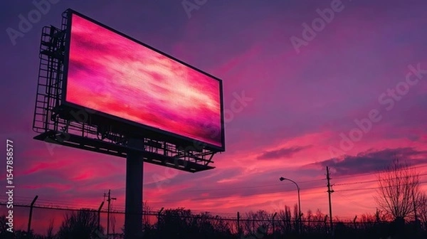 Fototapeta front view of a huge empty billboard at night, the sky and lighting is pink and purple moody soft lighting in the sky
