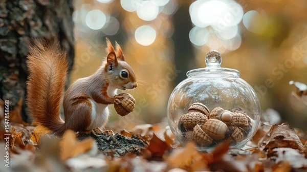 Fototapeta Gigantic acorn in a tiny glass CASE, in a forest, cinematic, bokeh, a squirrel looking at the acorn