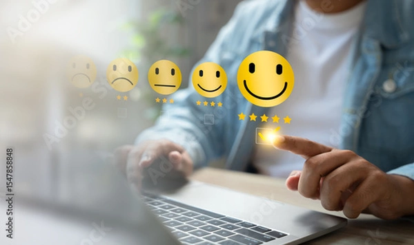 Fototapeta Experience excellent customer service, User give five star rating on online application, Positive feedback, Happy, Smiley face icon. Customer Reviews in Digital Survey, Satisfaction.