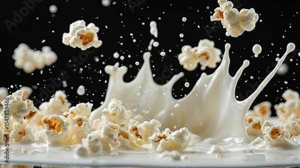 Fototapeta on black background ten grains of popcorn fall into milk cream with splashes, high milk wave, food photo