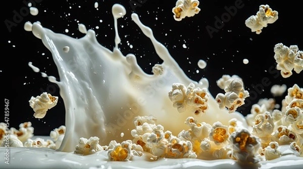 Fototapeta on black background ten grains of popcorn fall into milk cream with splashes, high milk wave, food photo