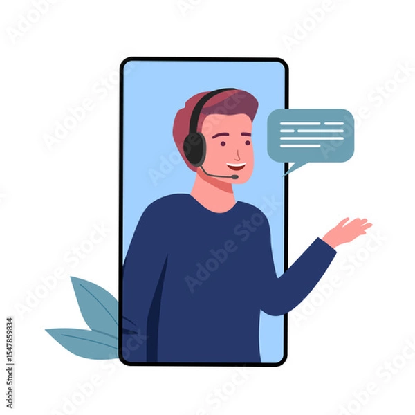 Obraz Office operator with headset talking with clients. Customer service, call center, hotline, customer support department staff concept. 3d vector people character. Cartoon minimal style.