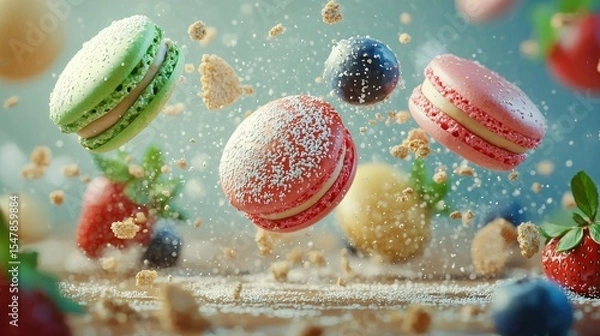 Fototapeta Photorealistic cinematic still of dessert ingredients frozen in mid-air in a dynamic, bullet-time composition. Elements such as ripe strawberries