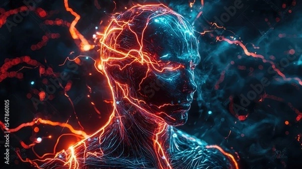 Fototapeta portrait of a humanoid surrounded by electric glowing veins, cosmic surrealism, vibrant fiery and cool tones, intricate energy patterns, dark 