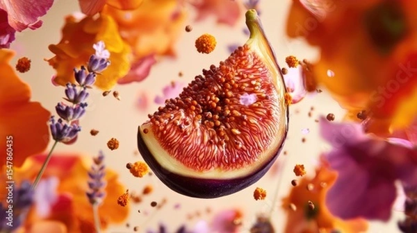 Fototapeta Sliced honey-glazed fig surrounded by burnt orange marigold petals, pink peppercorns, and lavender buds. Suspended in a surreal spatial composition 