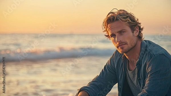 Fototapeta sunrise at a beautiful beach, a lonely blond handsome man sitting, contemplating life and the universe, serene and introspective mood, soft warm colors, gentle waves, 16:9 aspect ratio