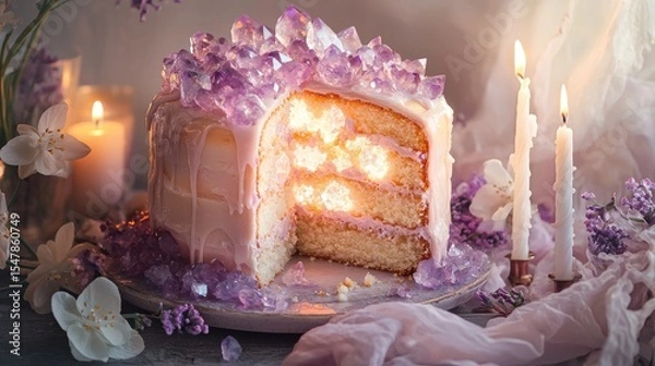 Fototapeta tall russian kulich cake sliced open, inside glowing pastel crystals like geode, soft transparent icing dripping down the sides, light pink and lilac colors, 