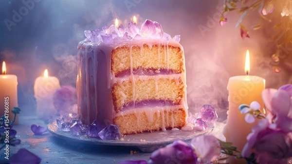 Fototapeta tall russian kulich cake sliced open, inside glowing pastel crystals like geode, soft transparent icing dripping down the sides, light pink and lilac colors, 