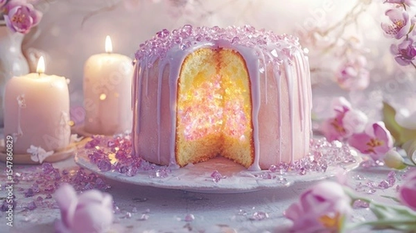 Fototapeta tall russian kulich cake sliced open, inside glowing pastel crystals like geode, soft transparent icing dripping down the sides, light pink and lilac colors, 