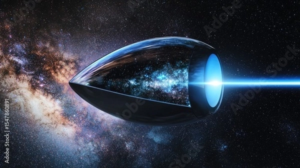 Fototapeta The teardrop-shaped detector in space has a mirrored surface, smooth and without any objects, reflecting the entire universe. The invisible engine at the end emits a blue streak of light.