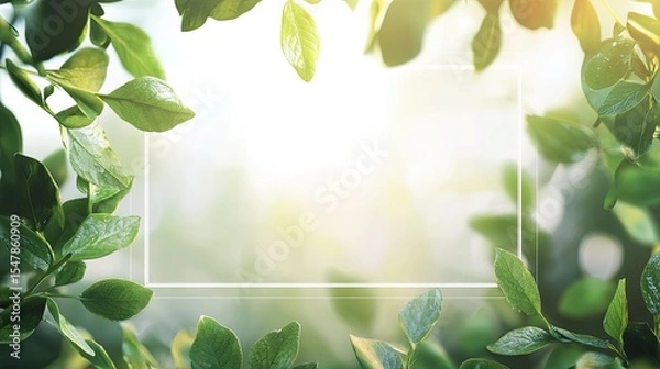 Fototapeta Transparent text box in the center of a blurred natural background with green leaves and morning light, soft bokeh effect