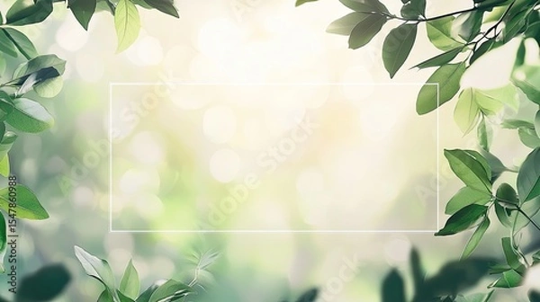 Fototapeta Transparent text box in the center of a blurred natural background with green leaves and morning light, soft bokeh effect