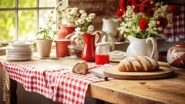 Obraz wooden red and white gingham