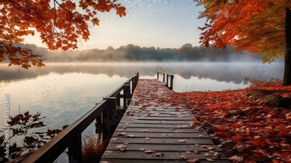 Obraz morning fall leaves lake