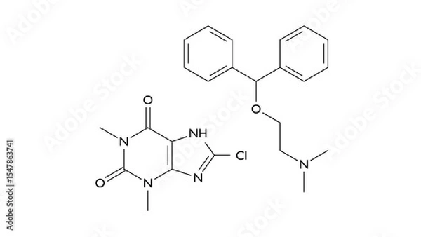 Fototapeta dimenhydrinate molecule, structural chemical formula, ball-and-stick model, isolated image antiemetic agent