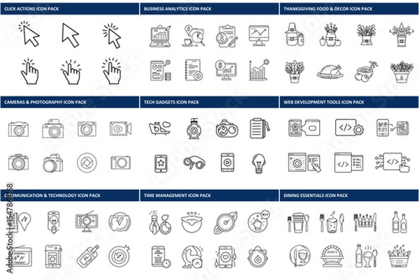 Obraz Line art icons, various categories, for website design or user interface. Modern, simple vector illustrations.