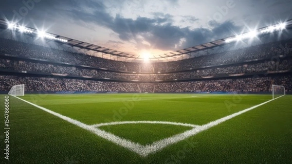 Fototapeta Illuminated professional soccer stadium with field and crowd at twilight