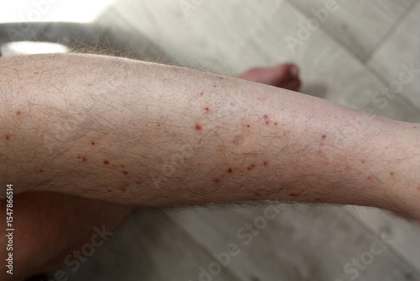 Fototapeta A man's leg was bitten by a midge, there are many traces of mosquito bites, wounds on the leg, areas of skin irritation.