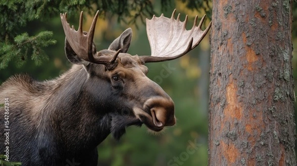 Fototapeta A moose is grazing near a tree in a vibrant forest filled with autumn colors.