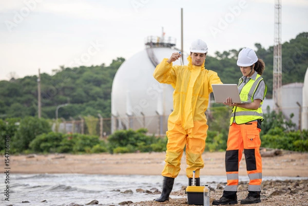 Fototapeta Environmental Scientists Collecting Water Samples for Analysis, Researchers Testing Water Quality at a Lake or Coastal Area, Water Pollution Control, Scientists at Work in the Field