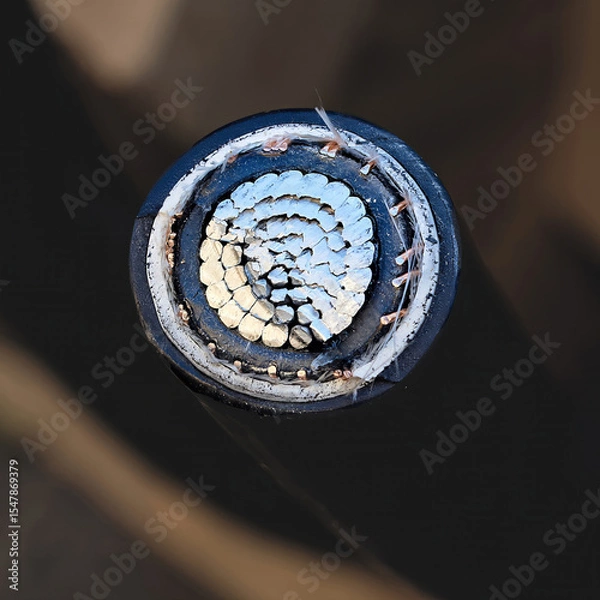 Fototapeta Cut power cable displaying aluminum conductor core surrounded by insulation and shielding used in energy transmission. Cross-section of thick electric cable revealing spiral arrangement of metal wires