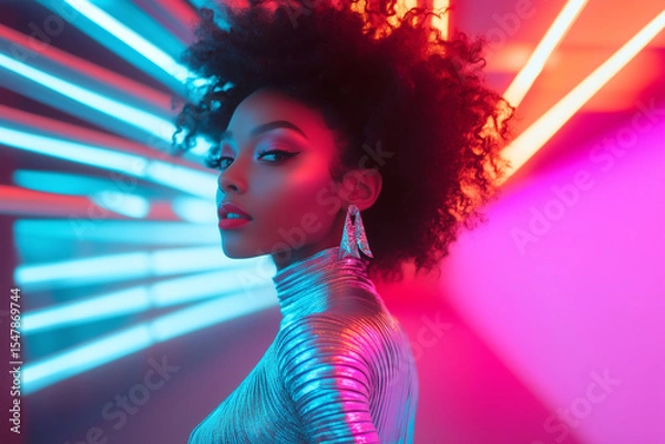 Fototapeta Fashionable Model in High-Gloss Silver Attire with Avant-Garde Hairstyle and Jewelry, Standing in a Clean Neon-Lit Studio Setting with Futuristic Aesthetics.