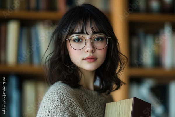 Fototapeta Female Model in Glasses and Cozy Sweater Holding a Book in a Library Setting with Soft Light and Blurred Bookshelves in Background.