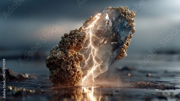 Fototapeta A floating crystal geode struck by gold lightning over mist. AI Generation.