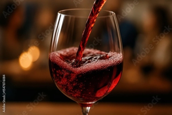 Obraz Red wine flows into a clear glass, creating bubbles at the surface. The glass is positioned on a wooden surface, set against a blurred, warm background