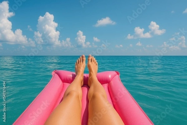 Obraz A person's legs and feet are visible while they are relaxing on a pink inflatable raft in the turquoise Ocean water, under a partly cloudy, blue daytime sky