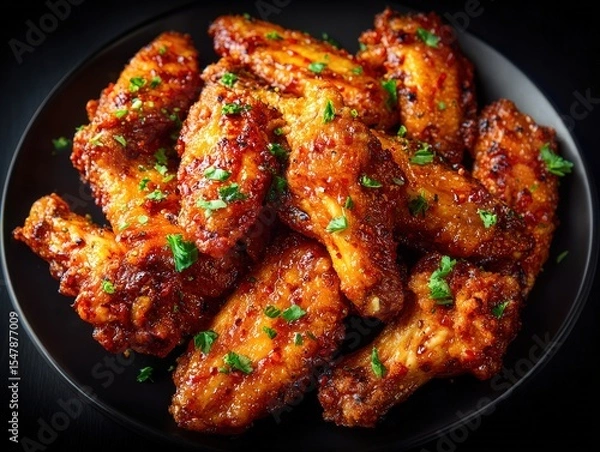 Fototapeta Succulent chicken wings covered with a savory and sweet glaze, garnished with fresh herbs, beautifully presented in a dark bowl