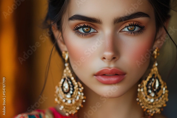 Fototapeta Glamorous Portrait of a Model Showcasing Bold Statement Earrings and Artistic Makeup, Set Against a Softly Blurred Background for Maximum Focus.