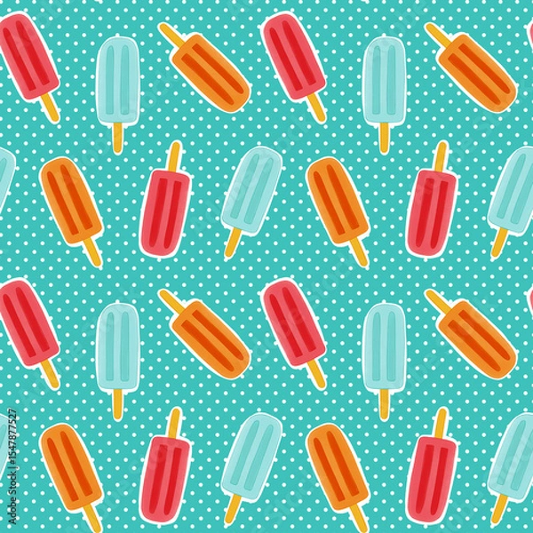 Fototapeta Seamless pattern with red, orange and blue popsicles. Playful summer background. Perfect for fabric, wallpaper, wrapping paper, stationery, packaging, fabric designs.