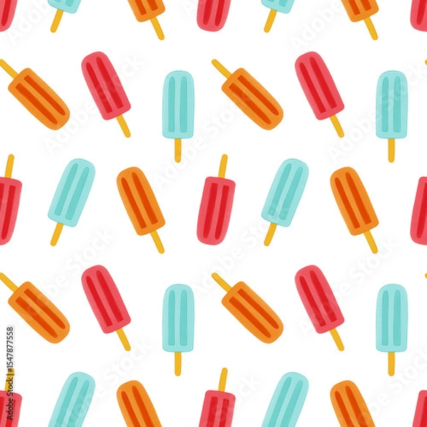 Fototapeta Seamless pattern with red, orange and blue popsicles. Playful summer background. Perfect for fabric, wallpaper, wrapping paper, stationery, packaging, fabric designs.