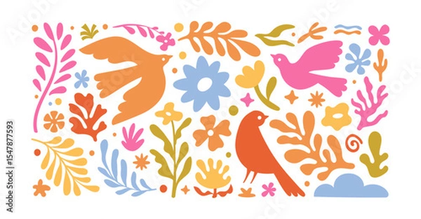Fototapeta Vector illustration in simple hand drawn and linocut style - natural print, poster or logo design template - spring illustration - birds and flowers