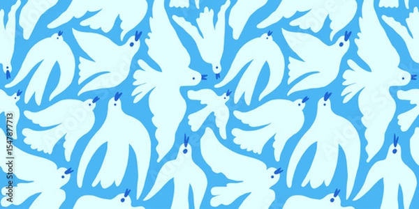 Fototapeta Vector modern art print elements in simple wavy and groovy naive style, seamless pattern with birds flying in the sky