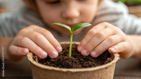 Obraz A young child carefully observes and gently touches a tiny green plant sprout growing in a peat pot filled with dark soil. The child appears focused and curious about new growth