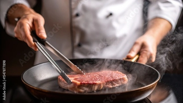 Obraz Close-up shows a chef in a white coat using metal tongs to cook a steak in a pan. Steam rises from the pan as the steak is being seared