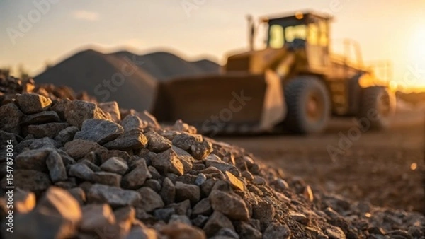 Obraz Yellow earthmover works in a gravel pit at dusk. The sun shines in the background, illuminating a pile of rocks in the foreground