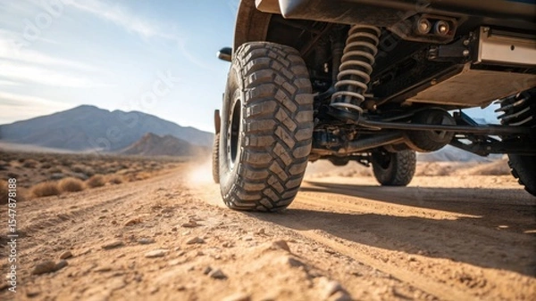 Obraz An off-road vehicle travels on a dusty dirt road. The suspension and tires are visible as the vehicle moves across the desert landscape. Mountains are seen in the distance